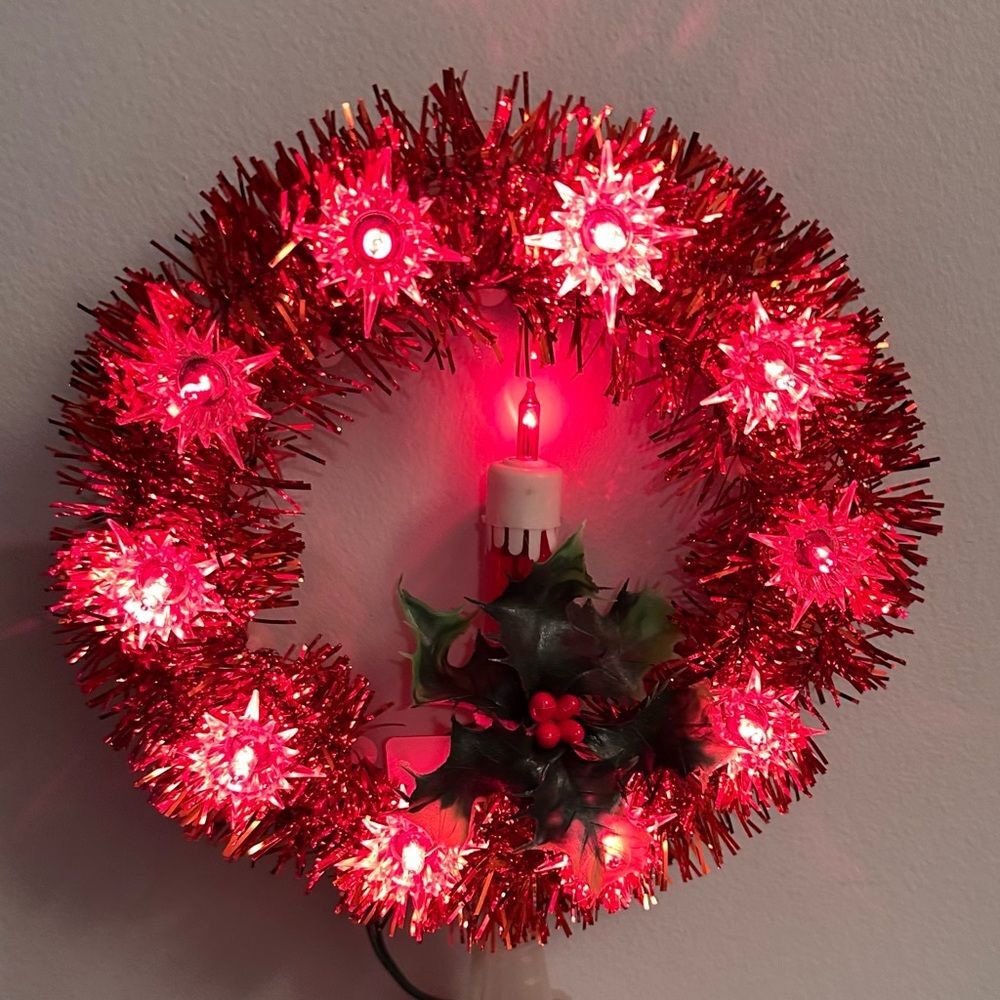 Vintage Red Tinsel Christmas Tree Topper Holiday Wreath Candle Holly Accents